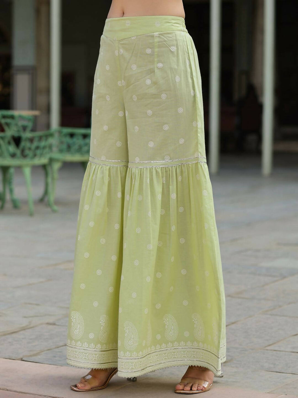 Juniper Women's Lime Green Cambric Floral Print Kurta Sharara Sets - Distacart