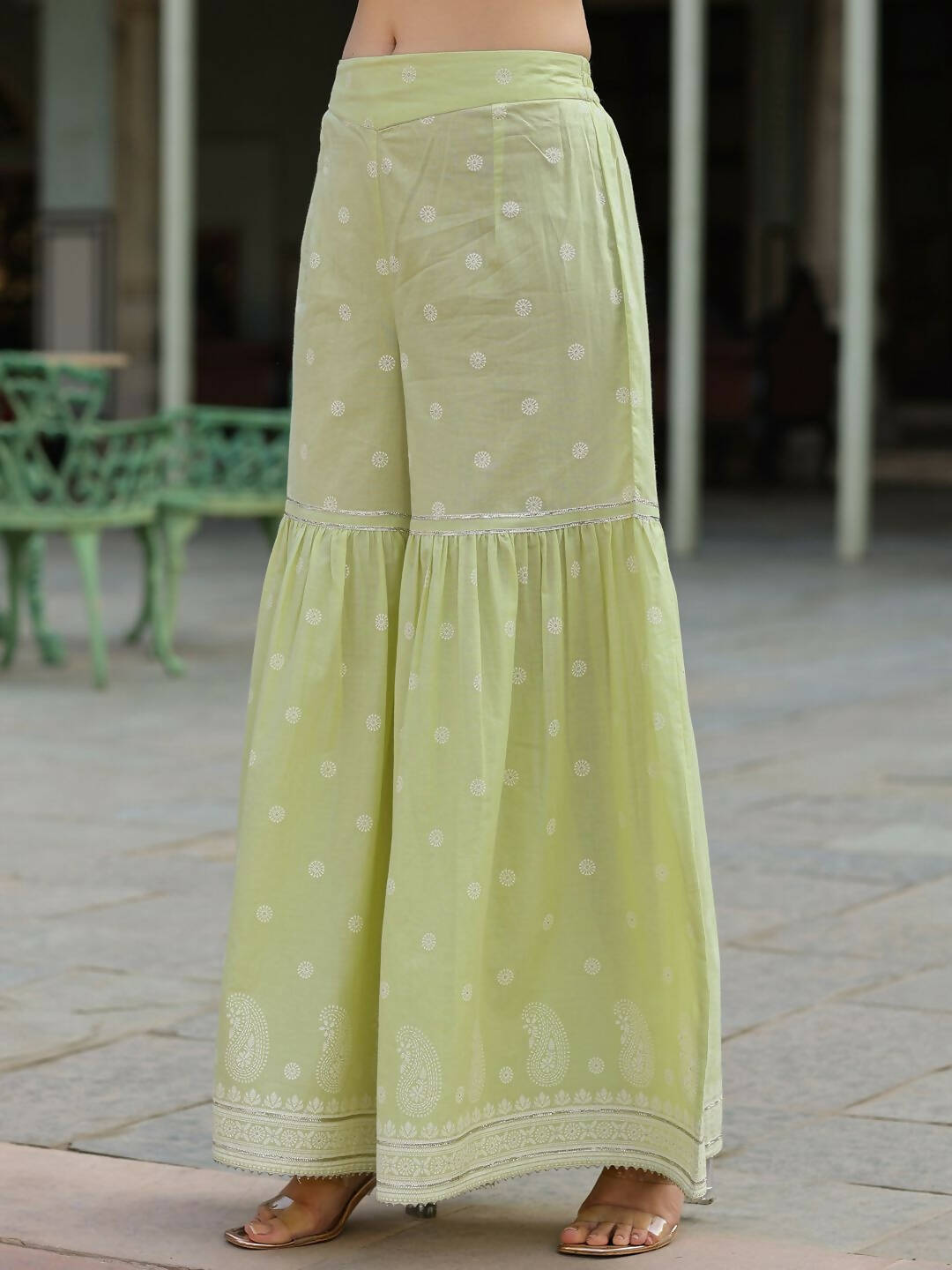 Juniper Women's Lime Green Cambric Floral Print Kurta Sharara Sets - Distacart