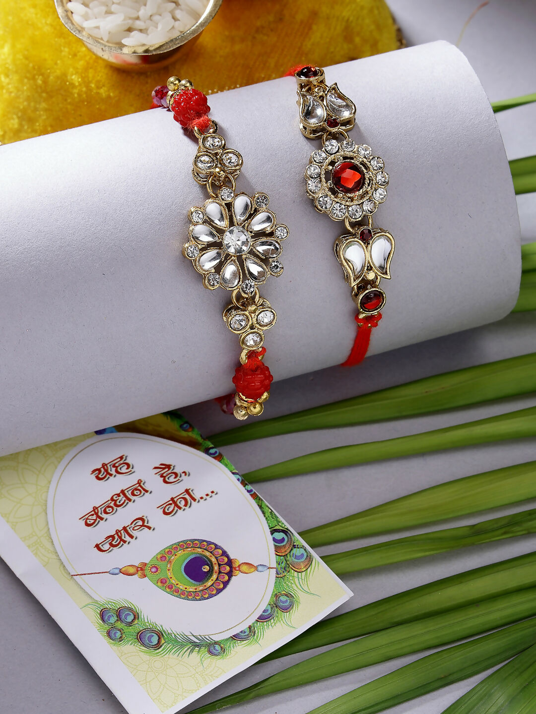 NVR Men Set of 2 Gold-Toned Stone-Studded Rakhi With Roli Chawal - Distacart