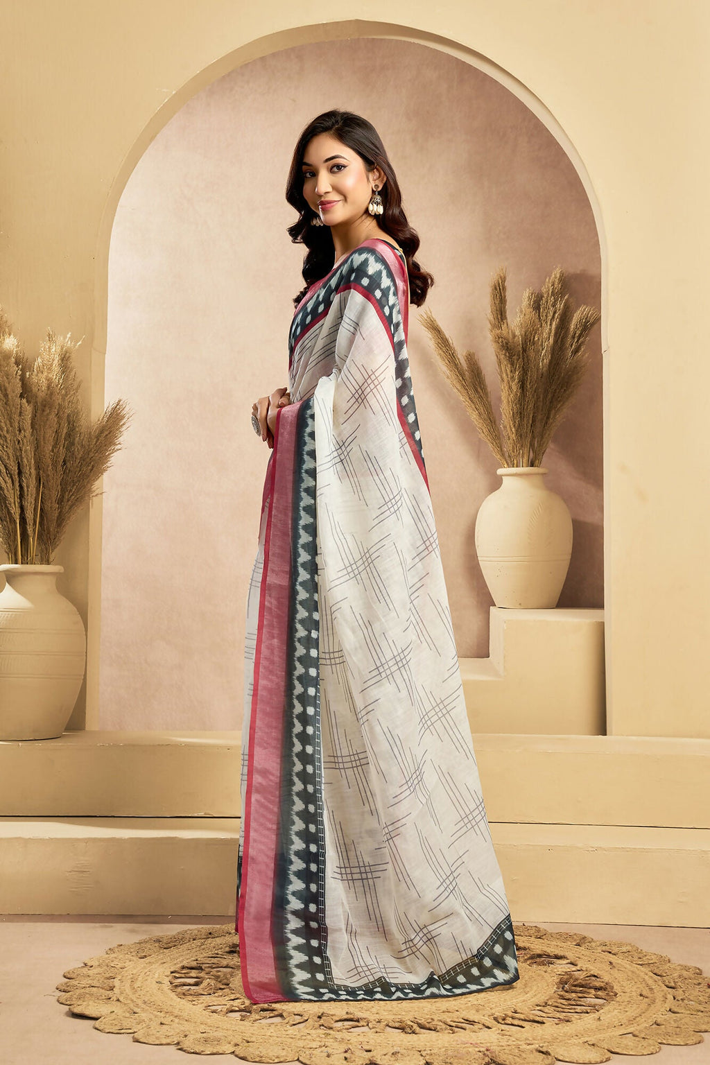 Vastranavya Digital Printed Linen Ready To Wear Pocket Saree with Unstitched Blouse - Distacart