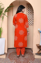 Miravan Womens Orange Floral Print Straight Kurta With Palazzo - Distacart