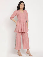 Ahalyaa Pink Ethnic Motifs Printed Angrakha Kurti With Palazzos For Women