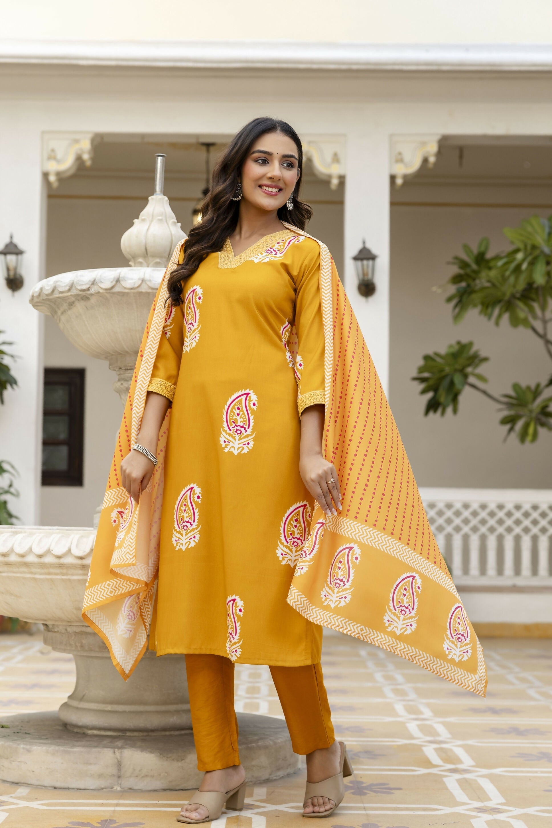 The52 Women's Beautiful Rayon Fabric Printed Work Straight Kurta Pant and Dupatta Set - Distacart