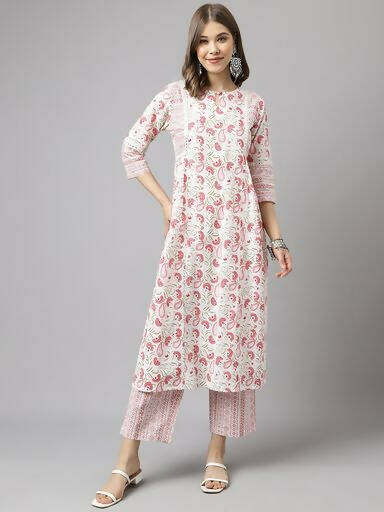 FIORRA Women's White Cotton A-line Kurta with Palazzo