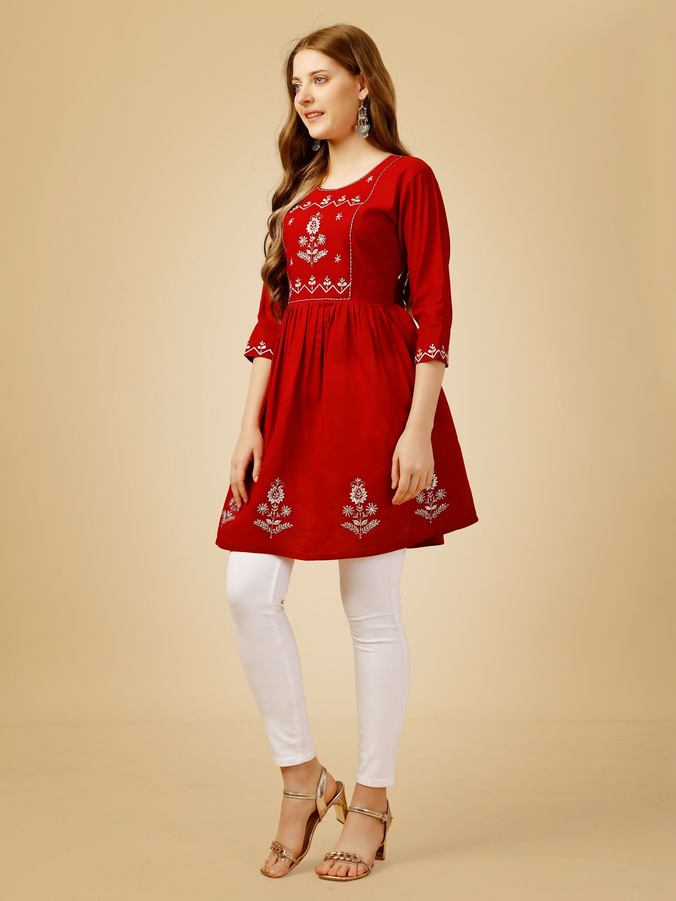 Jyoti Fashion Women's Red Viscose Rayon Embroidered Casual Top