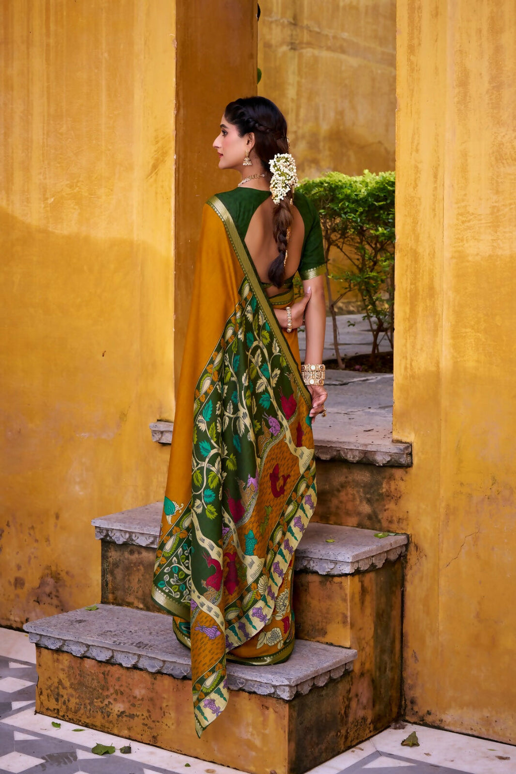 Vastranavya Mustard Viscose Chanderi Kalamkari Print with Zari Working Saree & Unstitched Blouse - Distacart