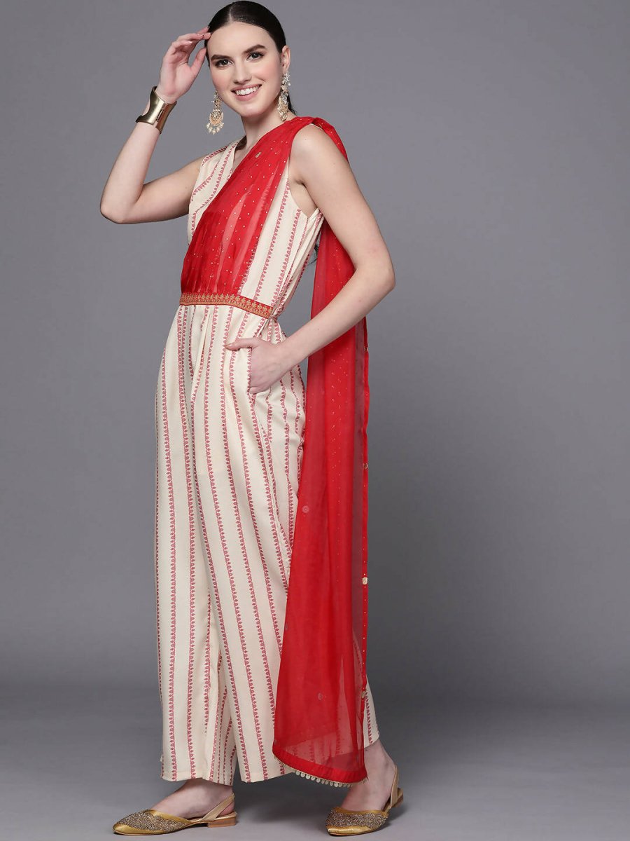 Ahalyaa Off White & Red Printed Basic Jumpsuit - Distacart