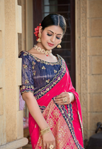 Pink Pure Viscose Weaved Silkresham , Zari And Cord Embroidery Saree - Norita Hit