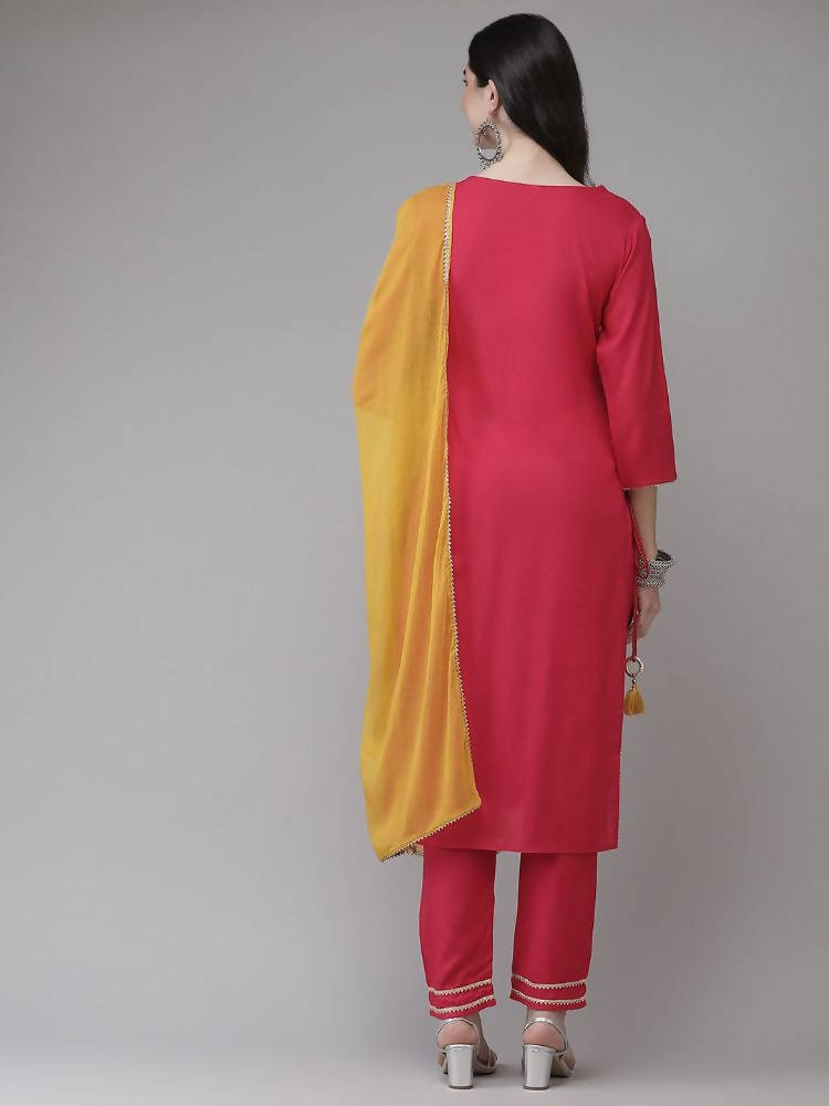 Yufta Women Pink Solid Kurta with Trouser & With Dupatta