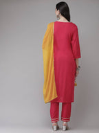 Yufta Women Pink Solid Kurta with Trouser & With Dupatta