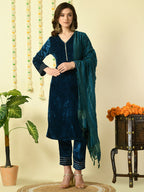 Myshka Women's Teal Velvet Kurta & Trousers With Dupatta Party Sets