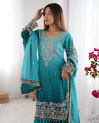 The52 Women's Beautiful Chinon silk Fabric Embroidery Work Straight Kurta Palazzo and Dupatta Set - Distacart