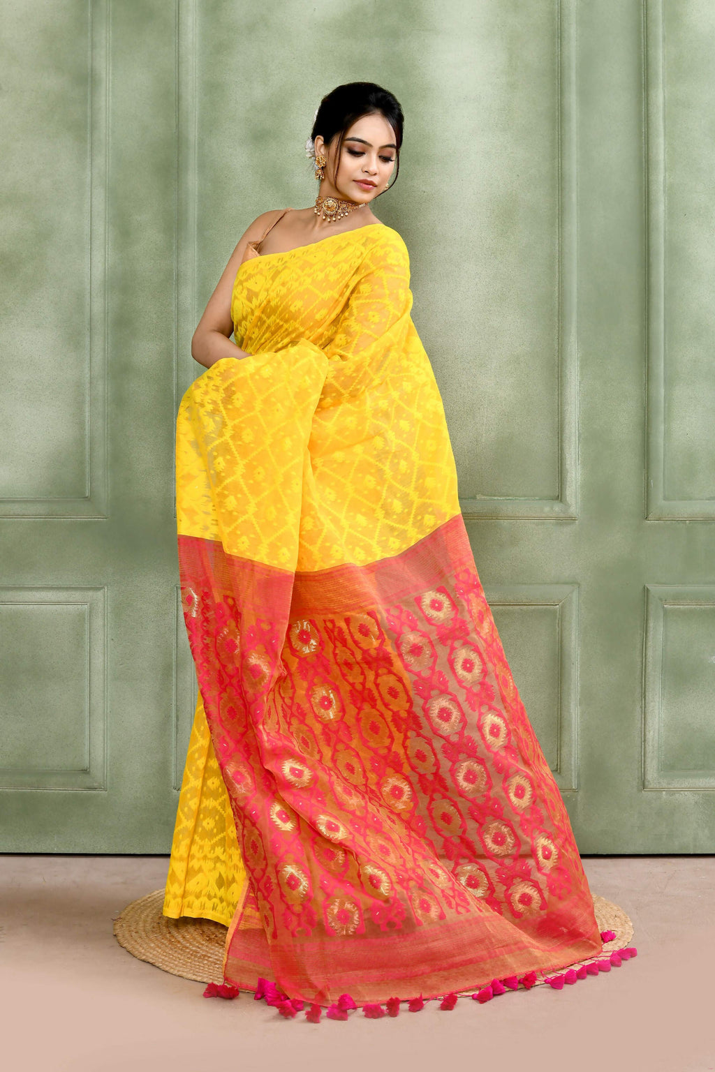 Piyari Fashion Women's Yellow Embellished Cotton Blend Jamdani Saree - Distacart