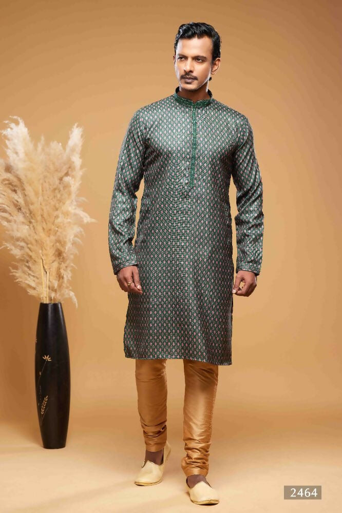 Raivat Ethnic Art Silk Digital Print Pintux Work Kurta Pajama In Green Colour
