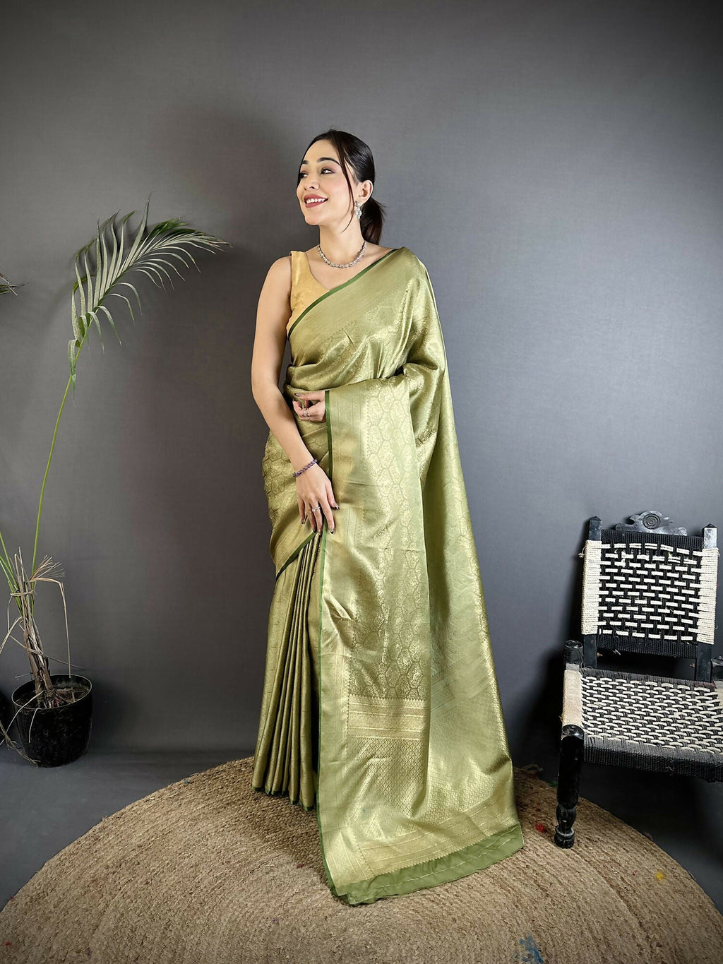 Joban Fashion Dusty Green Paisley & Floral Soft Satin Silk Banarasi Silk Saree - Distacart