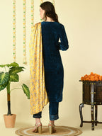 Myshka Women's Teal Velvet Kurta & Trousers With Dupatta Party Sets
