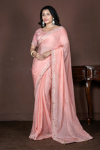 Morchari Peach Chiffon Hand Embroidery Saree Stitched Blouse - Distacart