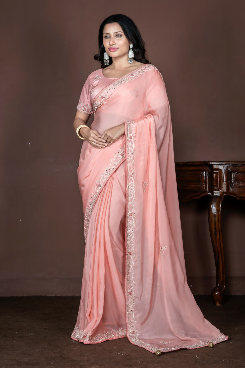 Morchari Peach Chiffon Hand Embroidery Saree Stitched Blouse - Distacart