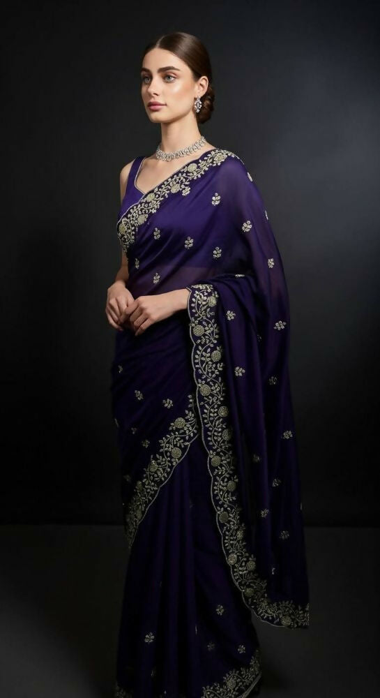 Joban Fashion Blue Fandy Satin Silk Party Wear Sarees - Distacart