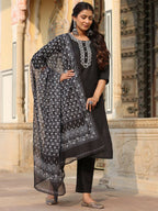 Juniper Women's Black Silk Solid Embroidered Kurta Set - Distacart