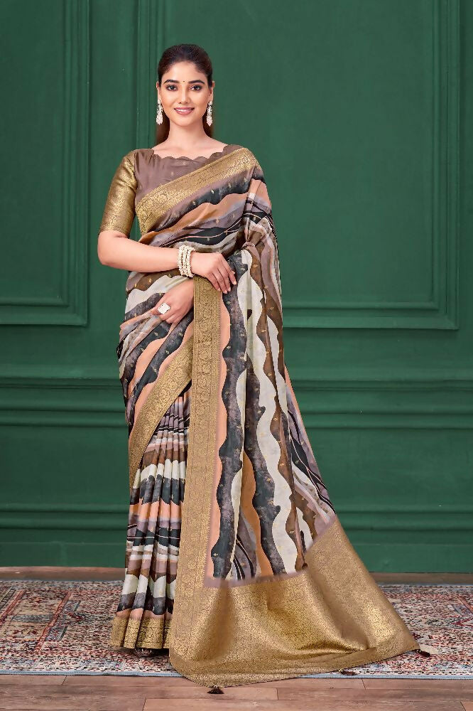 Lilac Purple Tussar Silk Jacquard Abstract Digital Print Saree with Unstitched Blouse - Mohira