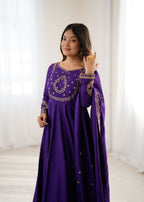 The52 Women's Beautiful Embroidery Work Roman Chanderi Silk Fabric Flared Anarkali Pant and Dupatta Set - Distacart