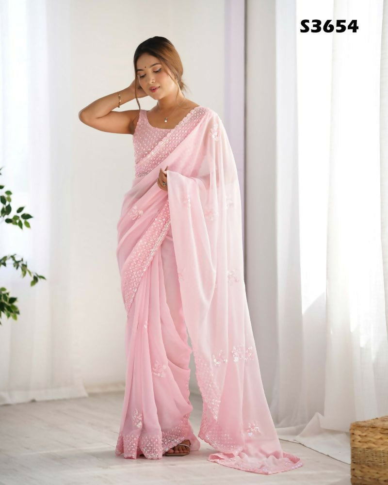 Attractive Looking Georgette Thread, Sequance Embroidery Work Party Wear Saree - Pink