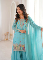 Teeya Creation Sky Blue Color Soft Crunchy Silk Party Wear Designer Sharara set - Distacart