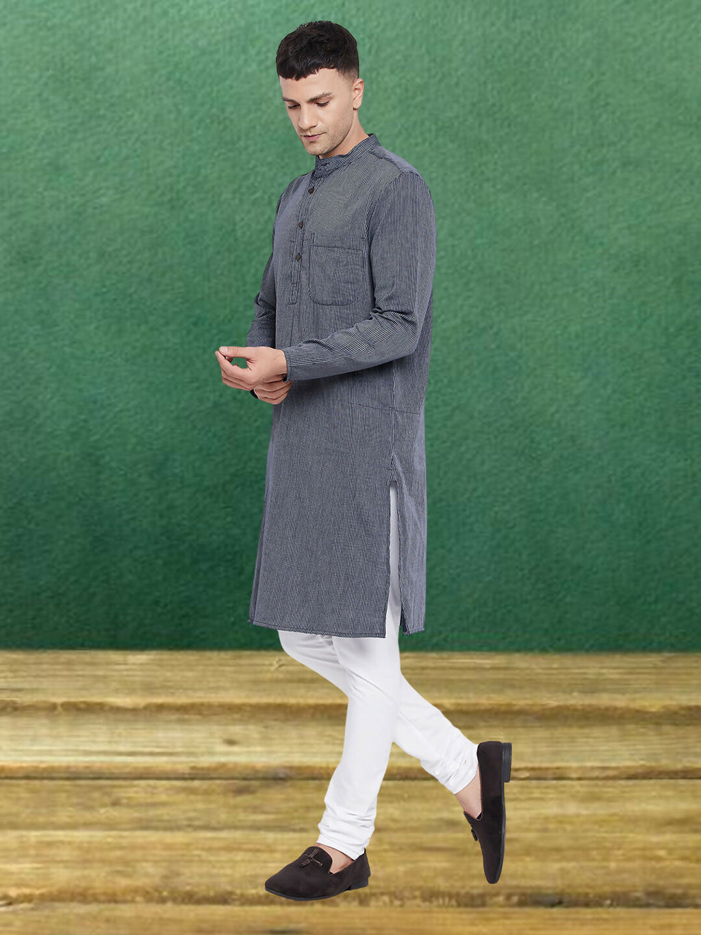 Even Apparels Men's Pure Cotton Grey Striped Kurta