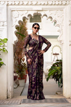 Vastranavya Wine Lurex Brasso Floral Printed Saree with Unstitched Blouse - Distacart