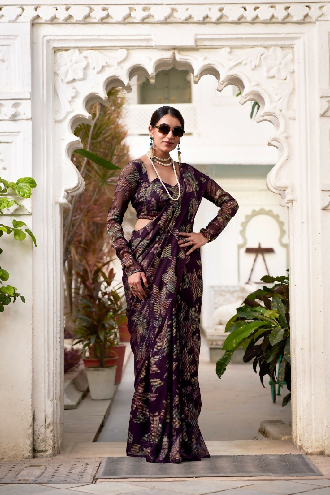 Vastranavya Wine Lurex Brasso Floral Printed Saree with Unstitched Blouse - Distacart