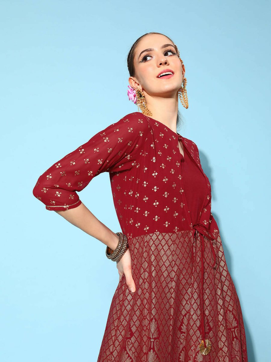 Ahalyaa Women Beautiful Maroon Crepe Brocade Ethnic Dress - Distacart