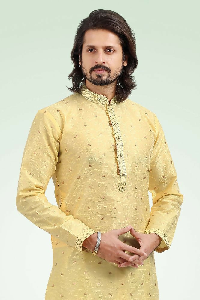 Raivat Ethnic Jacquard Banarasi Silk Pintux Work Kurta Pajama In Yellow Colour