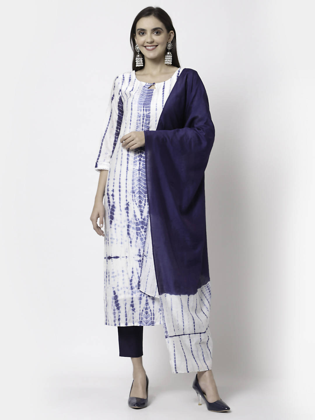 Myshka Women White Viscose Printed 3/4 Sleeve Round Neck Kurta Pant Dupatta Set