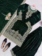 Vastranavya Green Viscose Velvet Cording Sequence With Moti Work Top-Bottom With Dupatta - Distacart