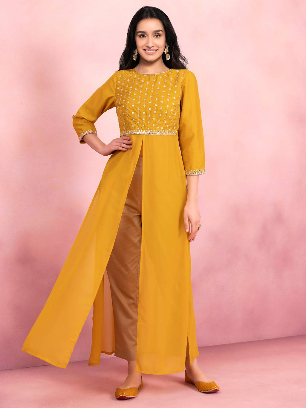 Indya Mustard Yellow Yoke Design Gotta Patti High Slit Kurta - Distacart