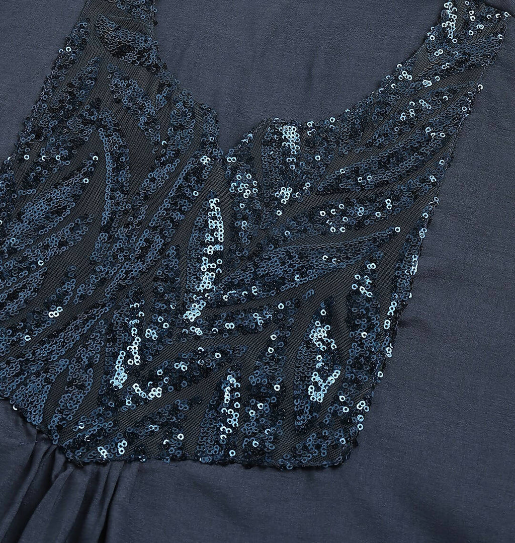 Teal Poly Cotton Yoke Sequence Embroidered A-line Top - Bosky
