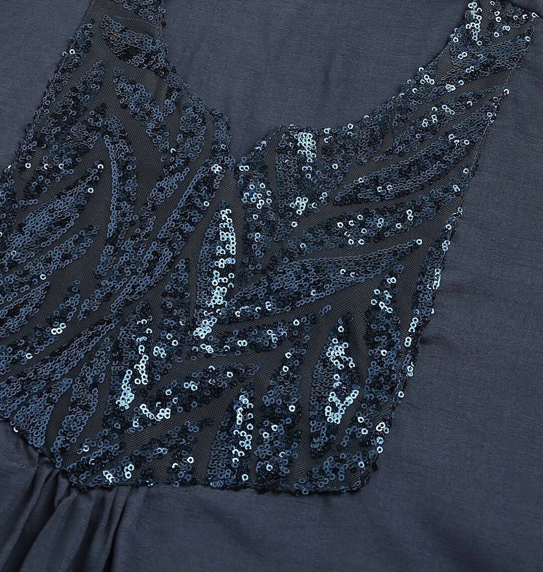 Teal Poly Cotton Yoke Sequence Embroidered A-line Top - Bosky