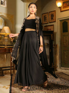 Janasya Black Georgette Solid Top Bottom Cape