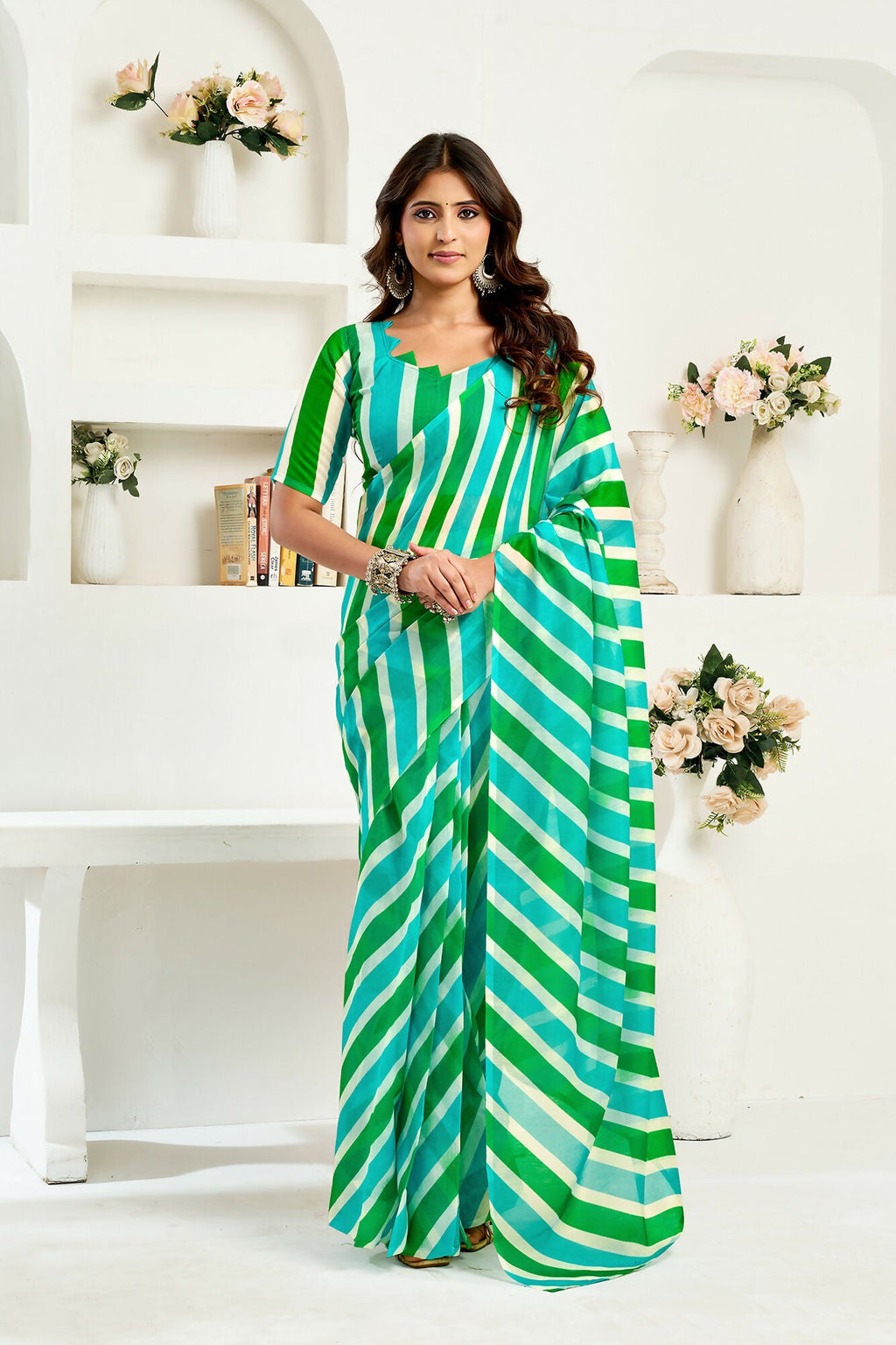 Vastranavya Green Digital Printed Linen Ready To Wear Designer Saree with Unstitched Blouse - Distacart