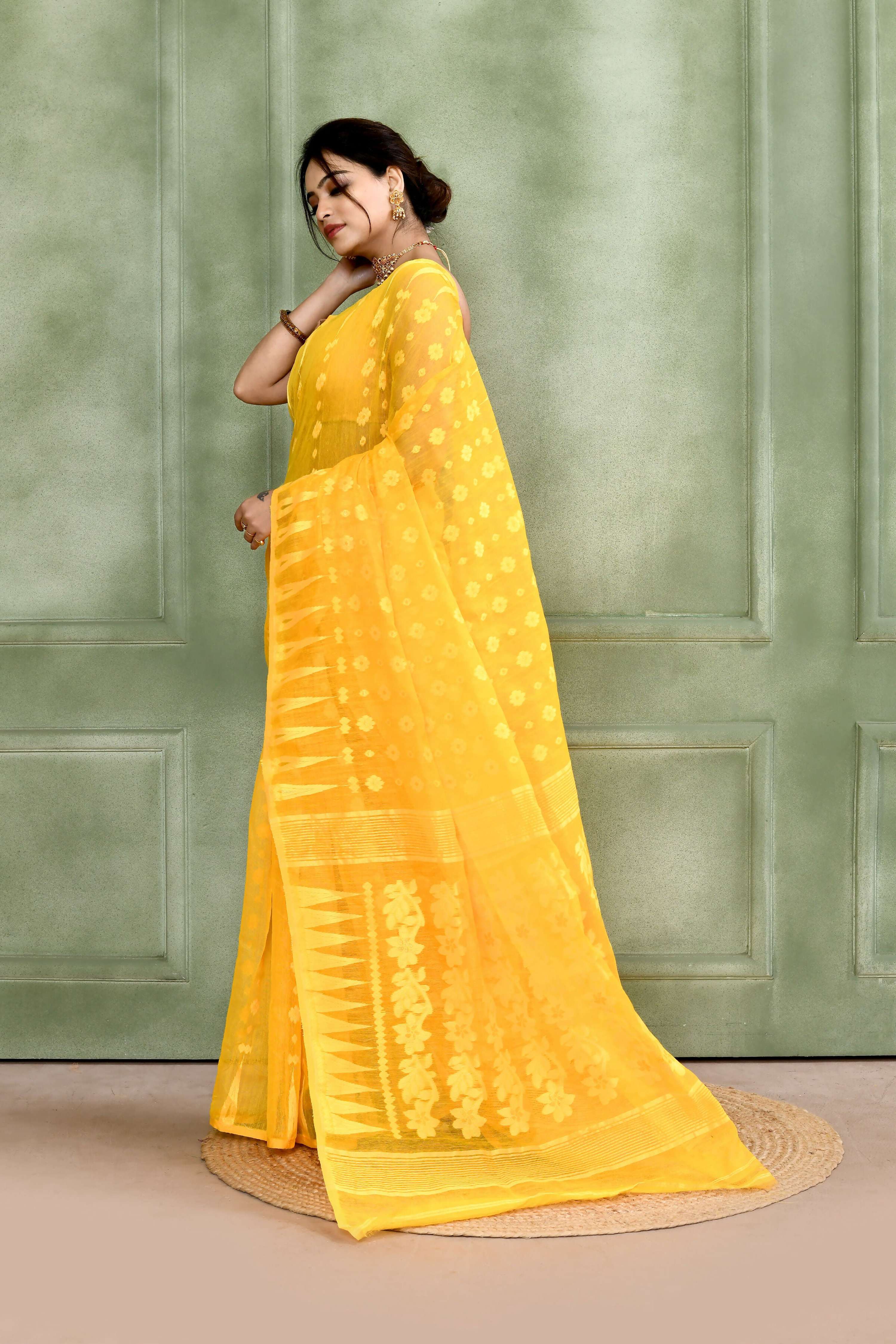 Piyari Fashion Women's Yellow Embellished Cotton Blend Jamdani Saree - Distacart