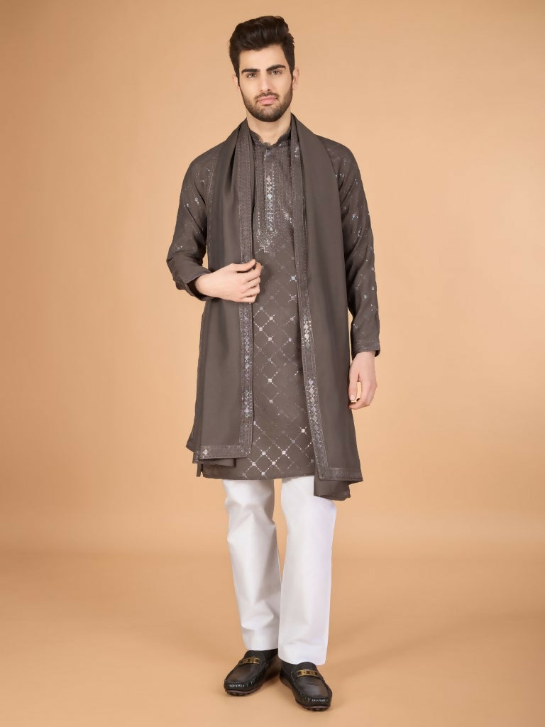 Vastranavya Brown Exclusive Festival Wear Viscose Silk Thread & Sequence Embroidered Work Kurta with Dupatta