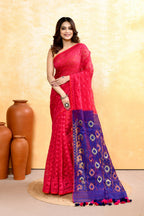 Piyari Fashion Women's Rani Pink Embellished Cotton Blend Jamdani Saree - Distacart