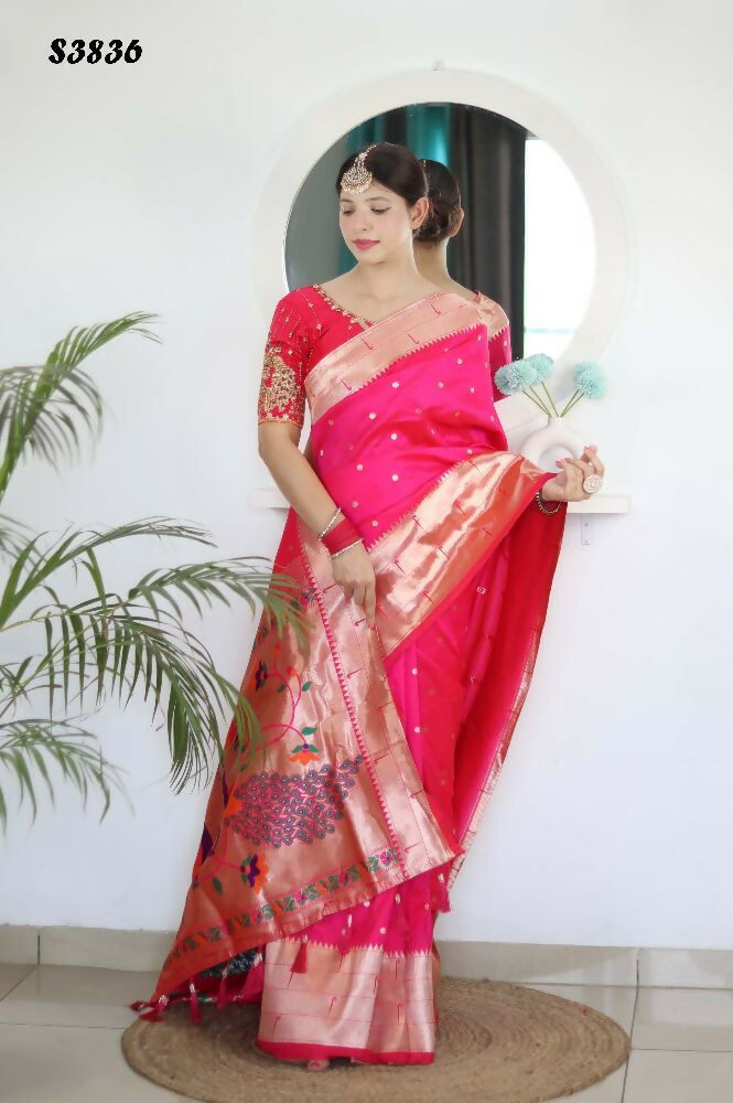 Pink Woven Jacquard Designer Embroidery Work Party Wear Saree - Parampara