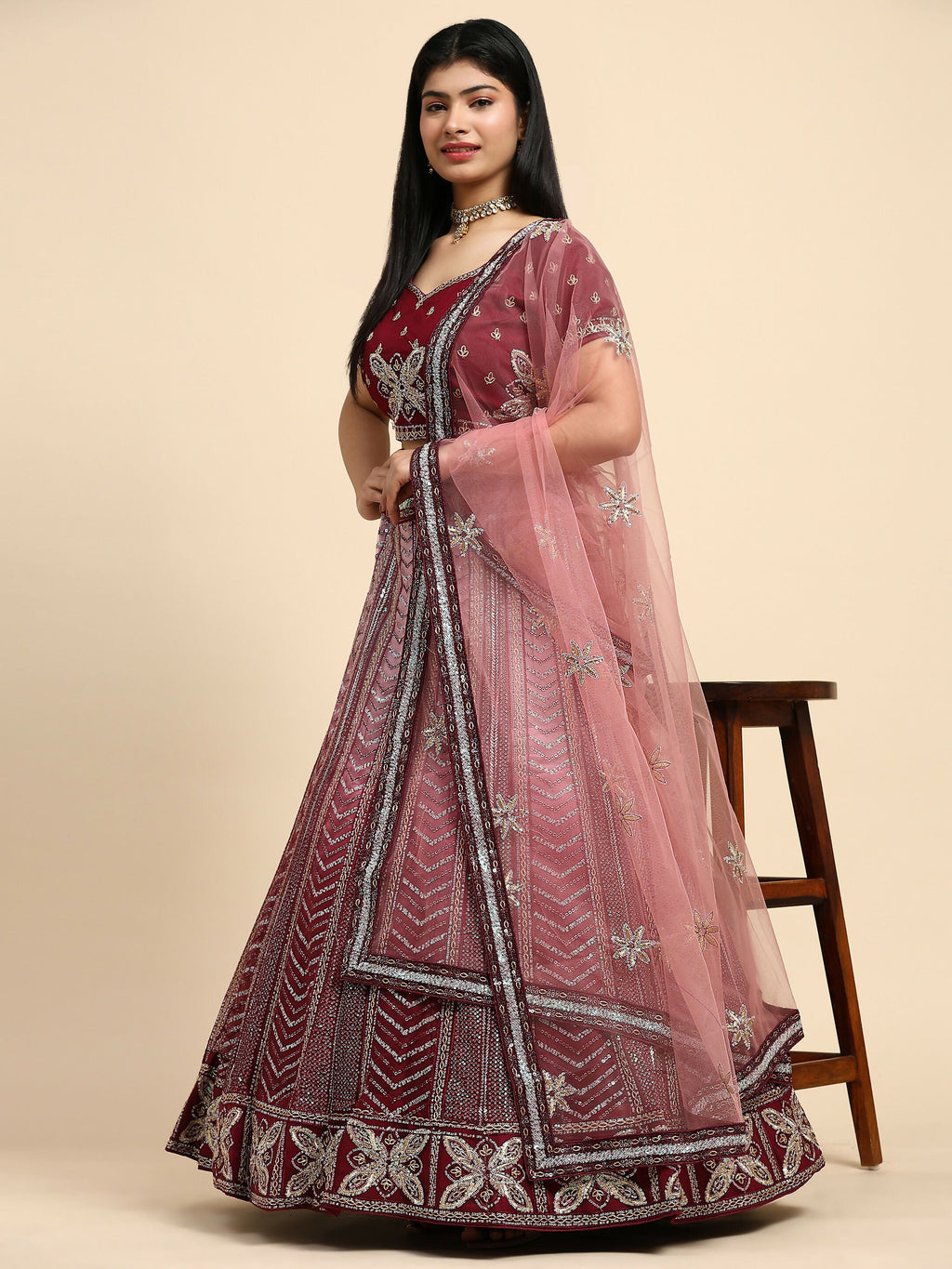 Maroon Fancy Net Sequence Embroidered Lehenga Choli with Dupatta - Dhara