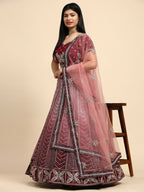 Maroon Fancy Net Sequence Embroidered Lehenga Choli with Dupatta - Dhara