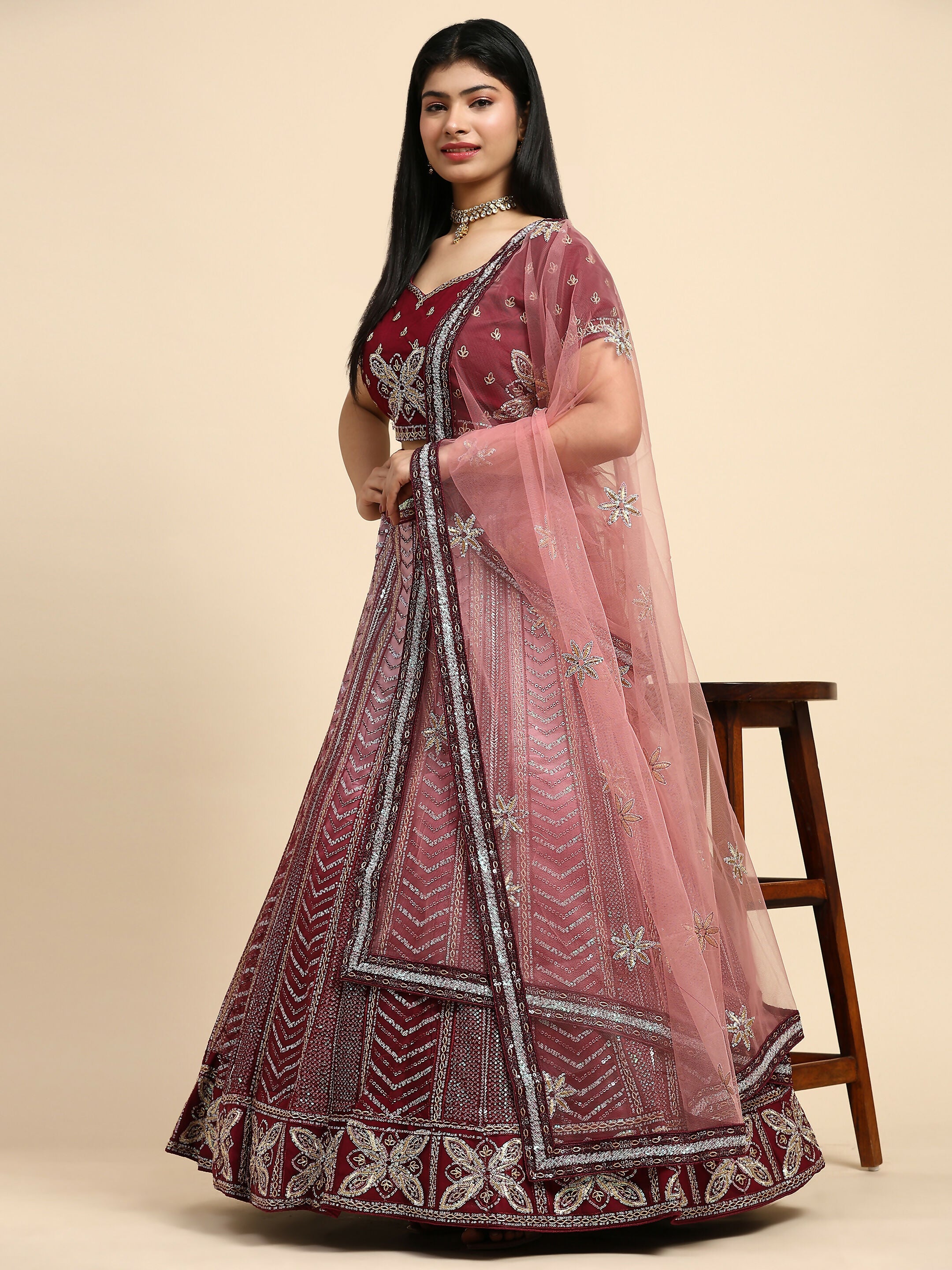 Maroon Fancy Net Sequence Embroidered Lehenga Choli with Dupatta - Dhara