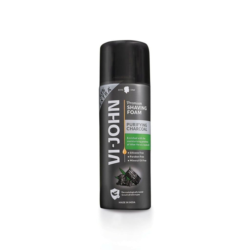 VI-JOHN Dermatologically Tested Premium Purifying Charcoal Shaving Foam Enriched with Aloevera & Jojoba Oil Free From Silicone, Paraben & Mineral Oil - Distacart