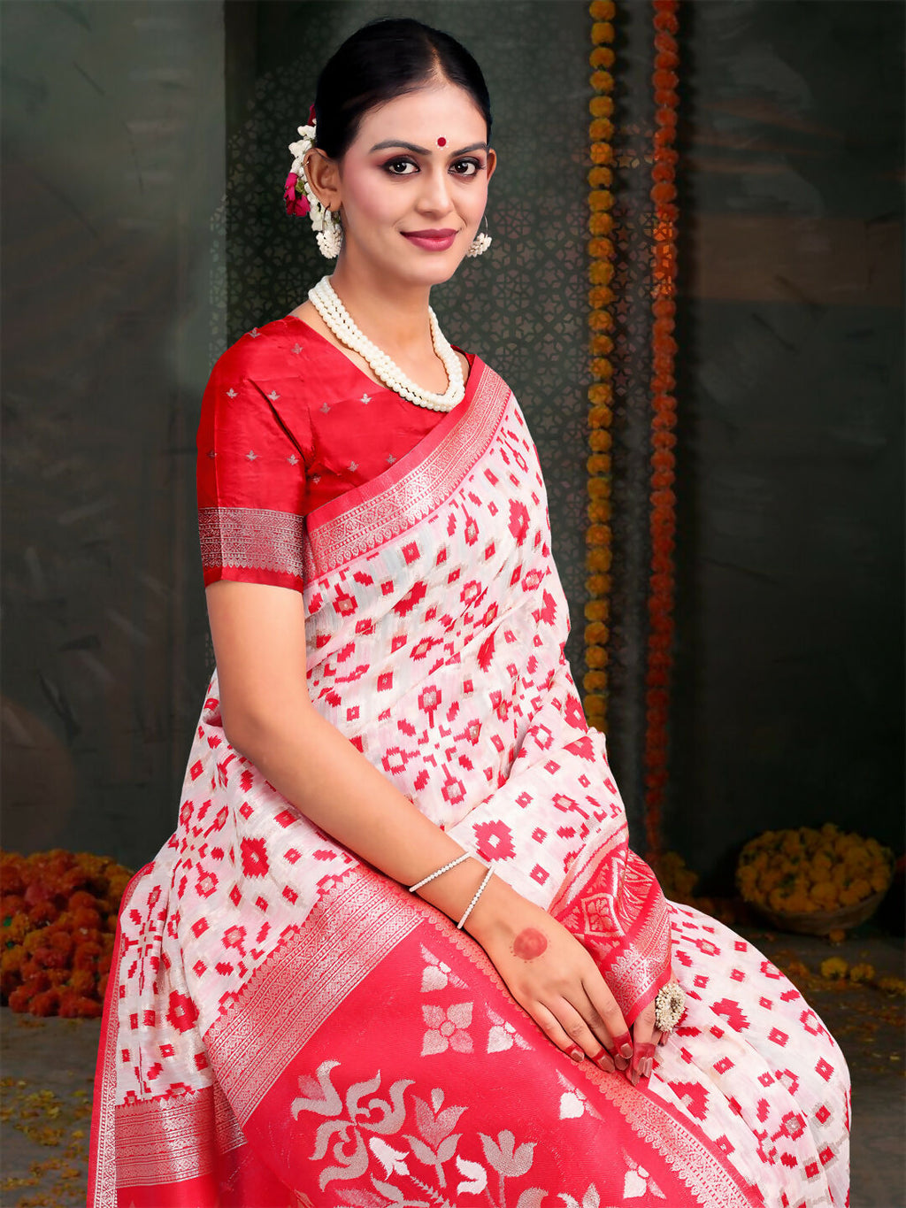 Shree Shyam Fashion Devistuti Red White Linen Cotton Saree