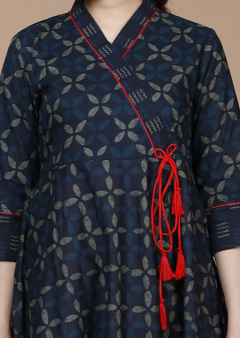 Miravan Women's Abstract Print Ankle Length Angrakha Style Kurta